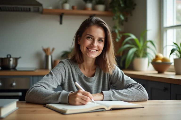 Femme souriante écrivant dans un journal dans une cuisine chaleureuse