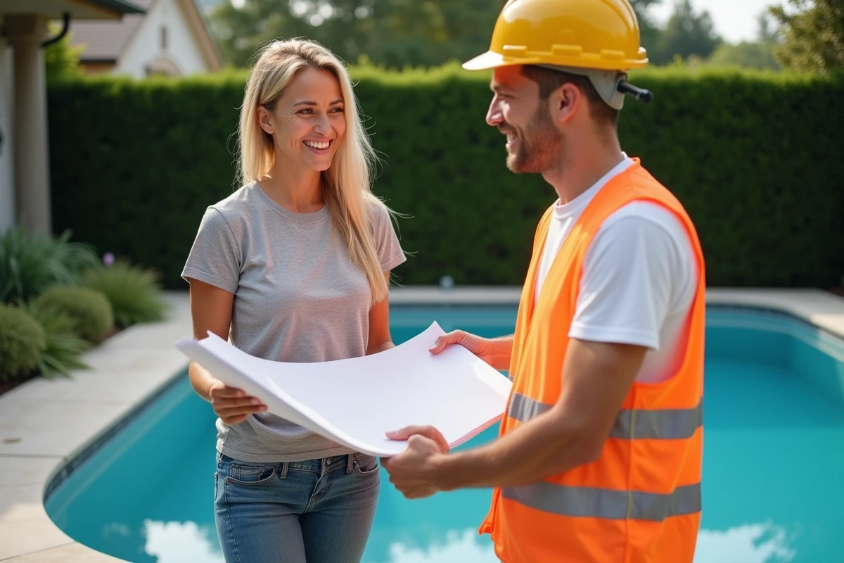 Femme souriante examinant des plans de renovation piscine