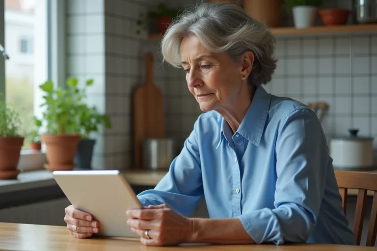 Femme lisant des nouvelles santé sur une tablette dans la cuisine
