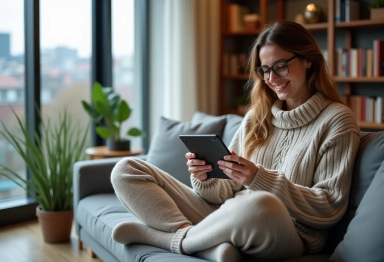 Jeune femme en loungewear regardant une tablette dans un salon moderne