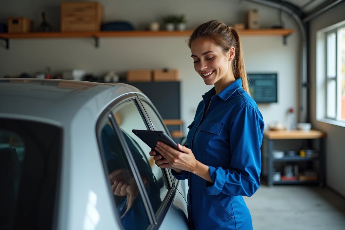 Mecanicienne vérifiant une voiture dans un garage organisé