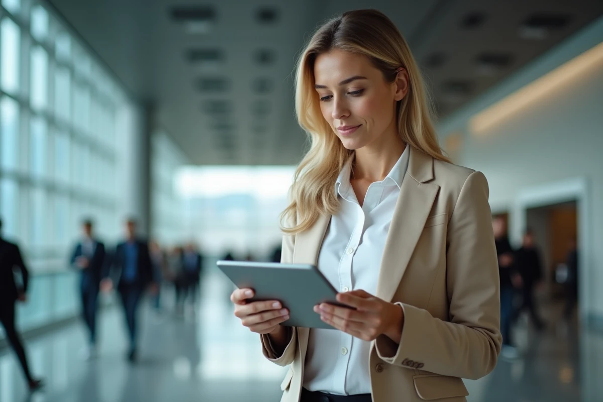 Femme professionnelle utilisant une tablette dans un lobby moderne