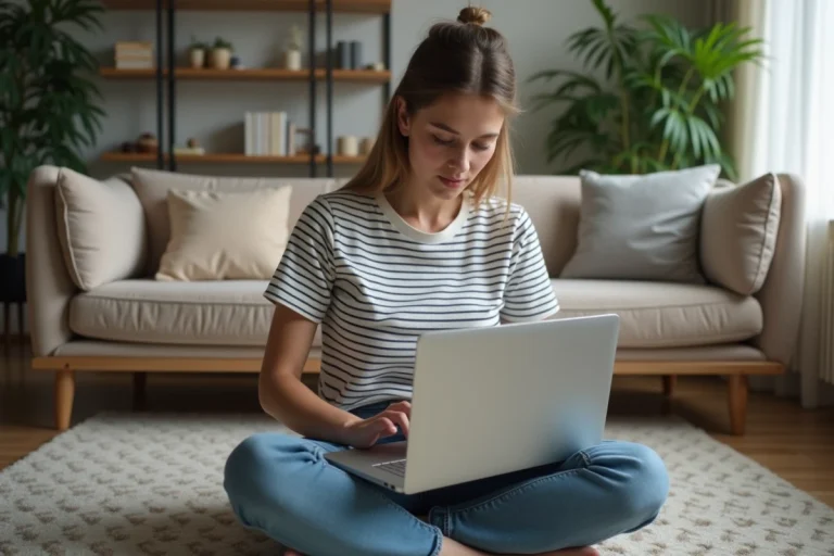 Jeune femme avec routeur WiFi dans un salon cosy