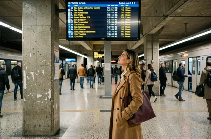Une femme consulte le panneau d'information trafic en direct dans une station RER à Paris