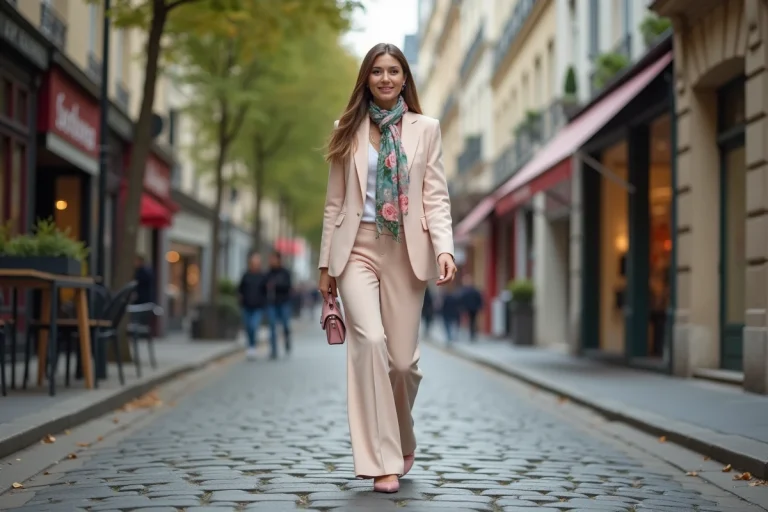 Femme élégante en blazer pastel dans une rue parisienne