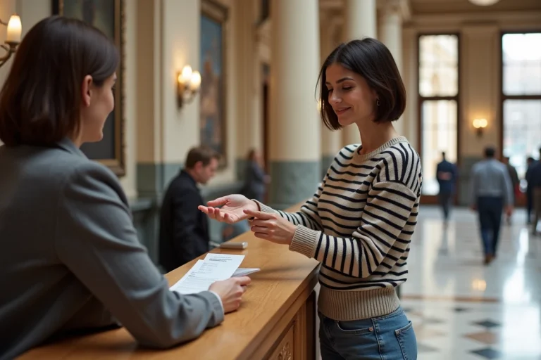 Jeune femme présentant sa carte musee à l'accueil