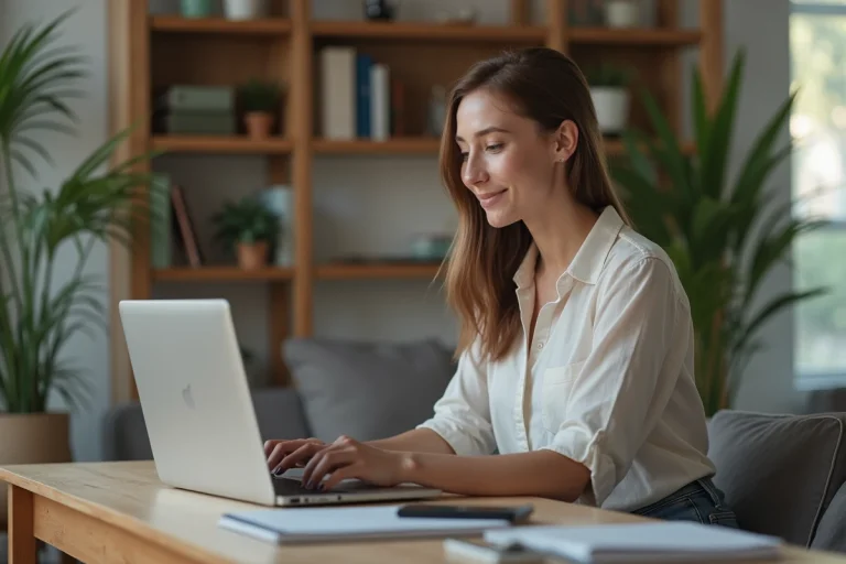 Jeune femme cherchant emploi sur son ordinateur portable