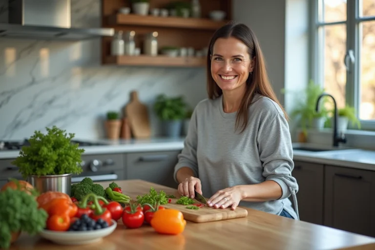 Femme en cuisine moderne préparant une salade fraîche