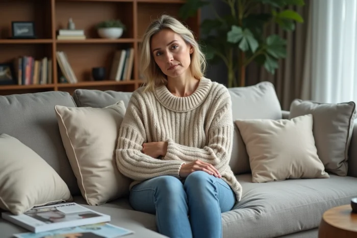 Femme en pull beige dans un salon moderne et cosy