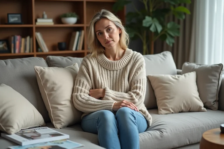 Femme en pull beige dans un salon moderne et cosy