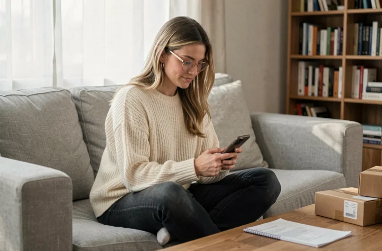 Femme en pull crème faisant du shopping en ligne sur son smartphone depuis son canapé, entourée de colis et de notes d'achats