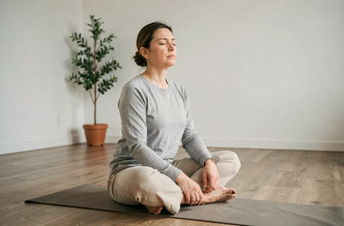 Femme pratiquant la sophrologie seule dans un studio minimaliste, expression légèrement tendue, illustrant les risques potentiels de la pratique