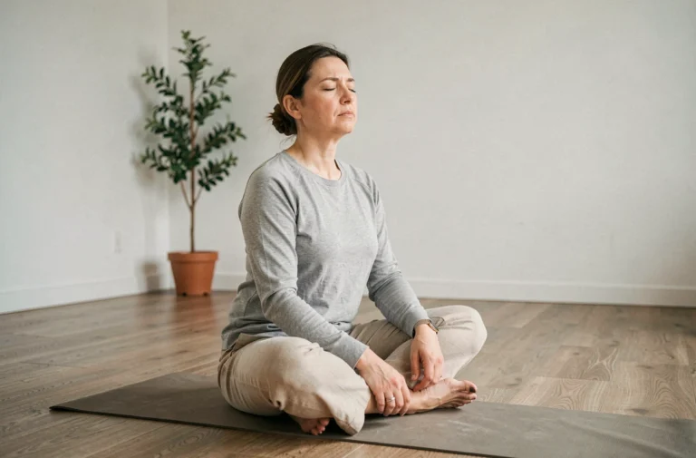 Femme pratiquant la sophrologie seule dans un studio minimaliste, expression légèrement tendue, illustrant les risques potentiels de la pratique