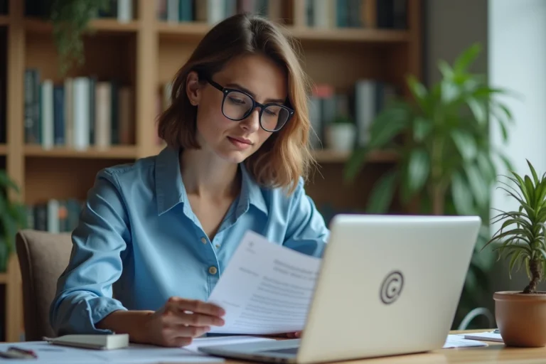 Femme au bureau étudiant des documents avec logo Creative Commons