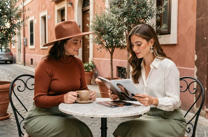 Deux femmes tendance discutant des dernières actualités mode autour d'un café en terrasse méditerranéenne