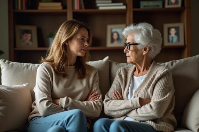 Fille adulte en discussion patiente avec sa mère âgée aux bras croisés dans un salon chaleureux