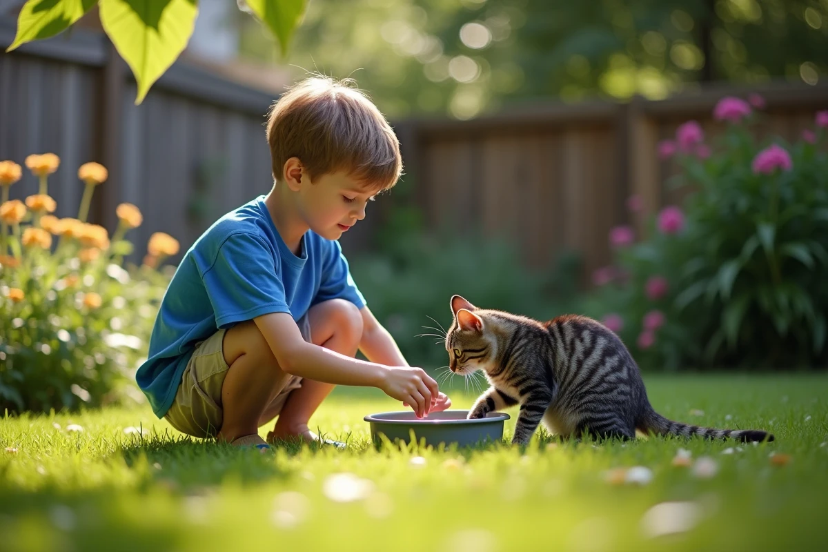 Jeune garçon donnant à manger à un chat dans le jardin