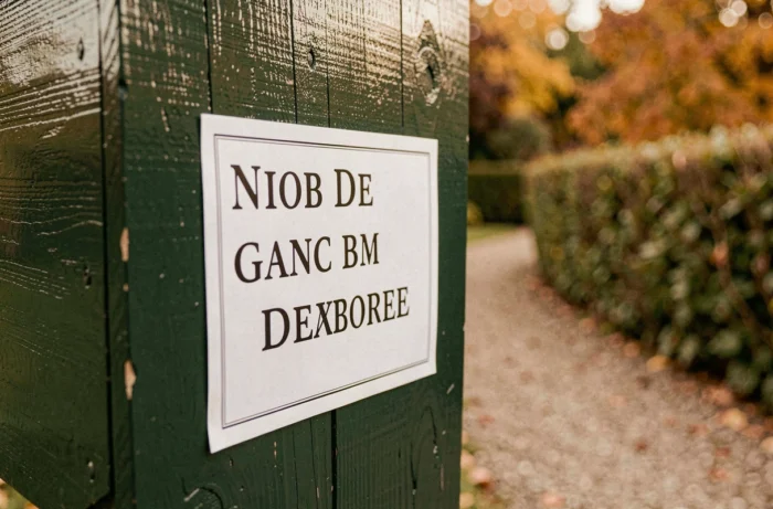 Gros plan sur une étiquette imprimée fixée sur une boîte aux lettres en bois verte dans un jardin