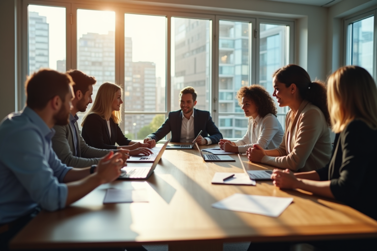 Groupe de professionnels collaborant dans un bureau lumineux