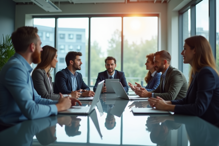 Groupe de professionnels tech en discussion autour d'une table