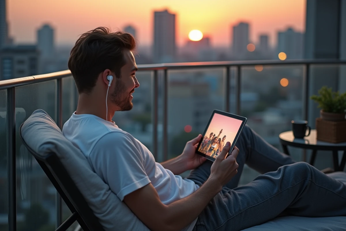 Jeune homme détendu regardant une tablette en balcon urbain