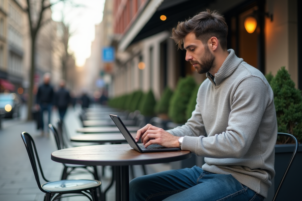 Homme en extérieur utilisant une tablette dans un café urbain