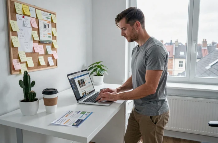 Homme en télétravail comparant des offres de shopping en ligne sur son ordinateur portable dans un bureau à domicile moderne