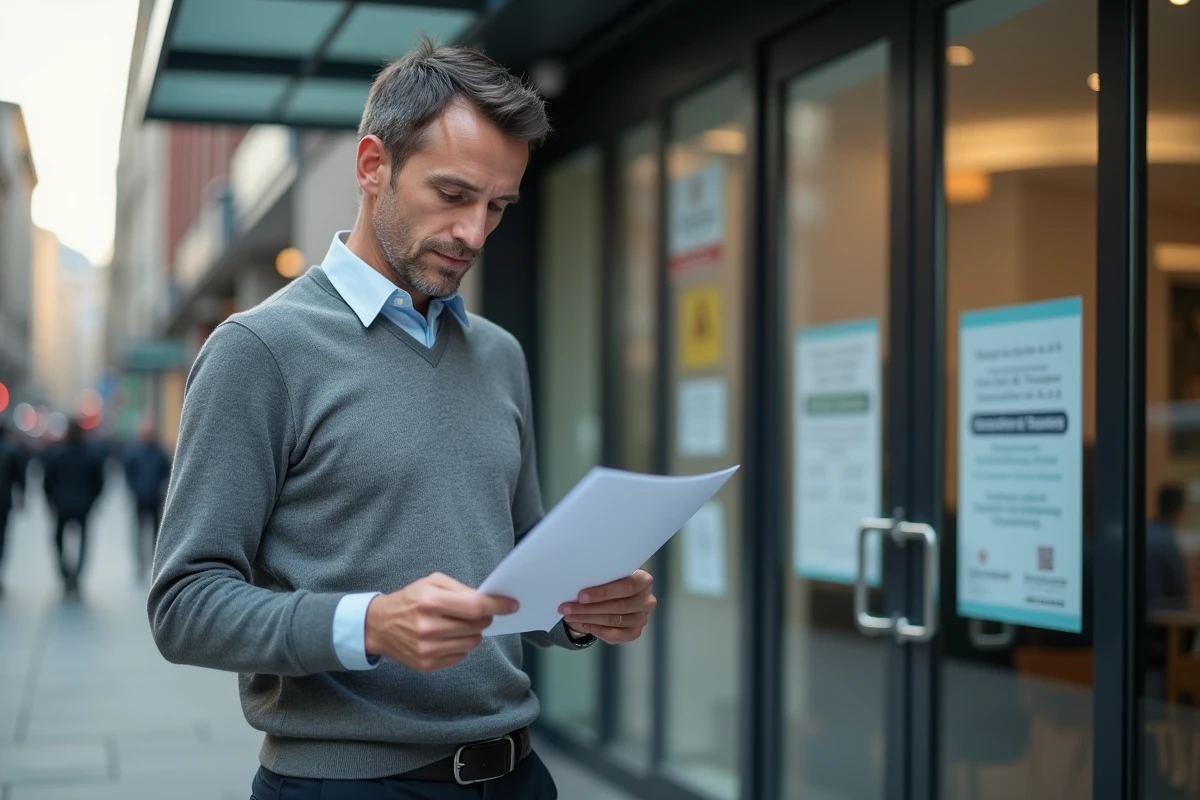 Homme vérifiant ses papiers devant une agence emploi