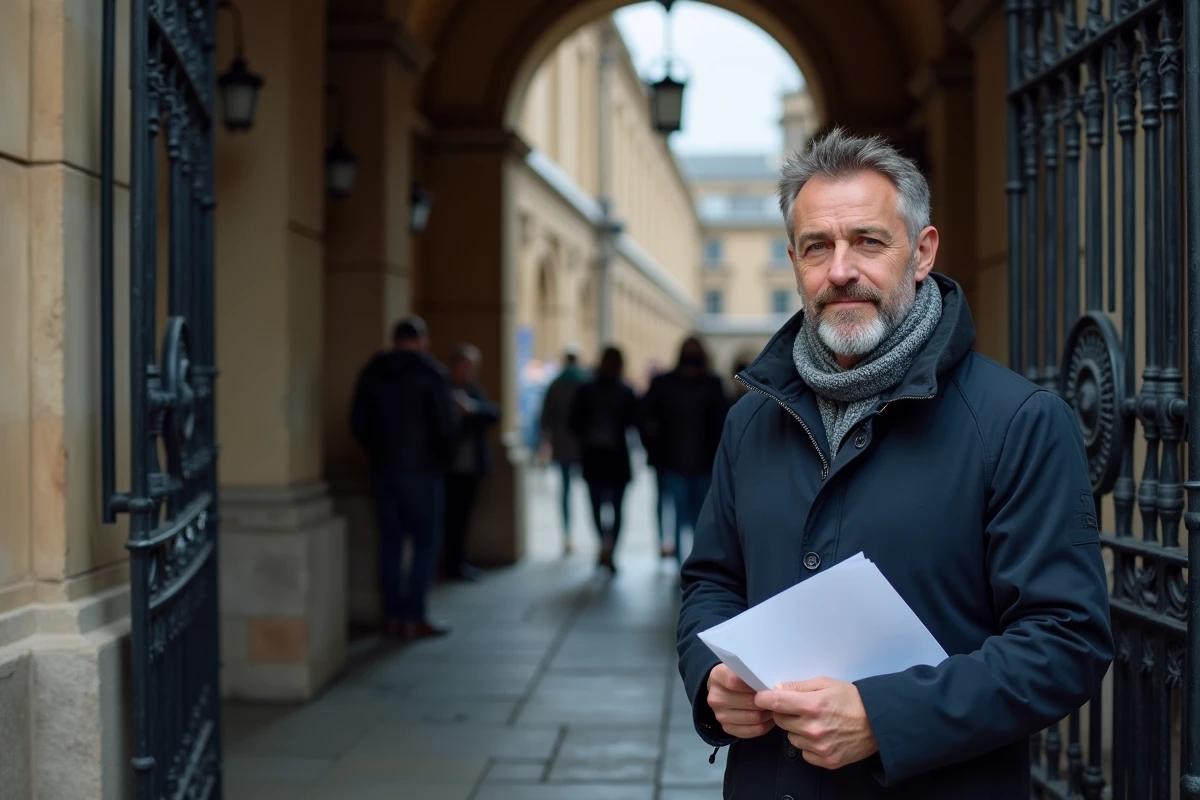 Homme avec document devant portail musee en plein air