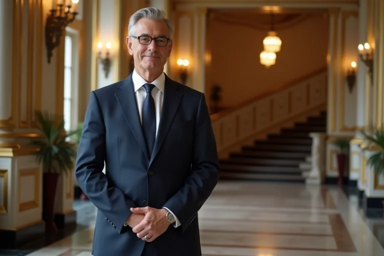 Homme d'âge moyen en costume navy dans le lobby du Ritz Paris