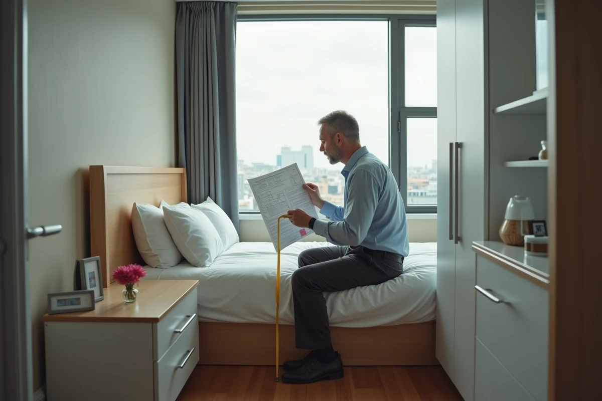 Homme consulte un plan de chambre sur un lit avec mètre