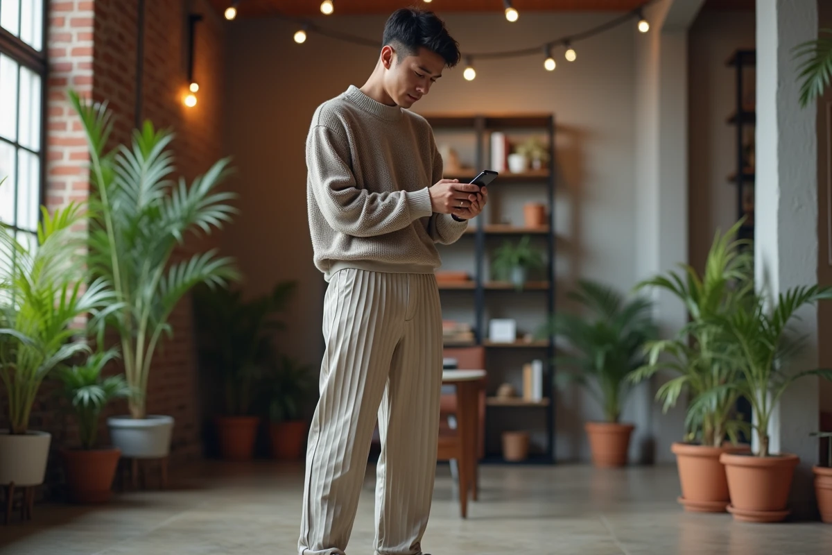 Jeune homme en pull oversize dans un loft moderne