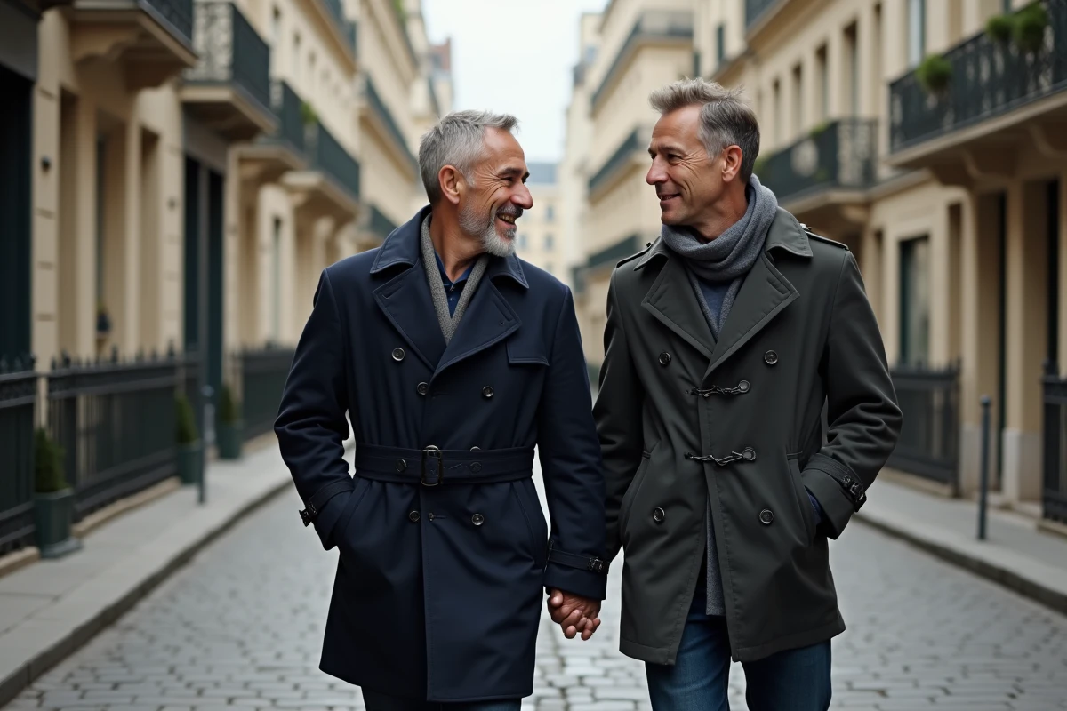 Homme en trench et foulard marchant dans une rue parisienne
