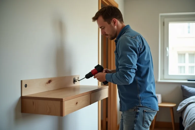 Homme d'âge moyen perçant un support dans une chambre moderne