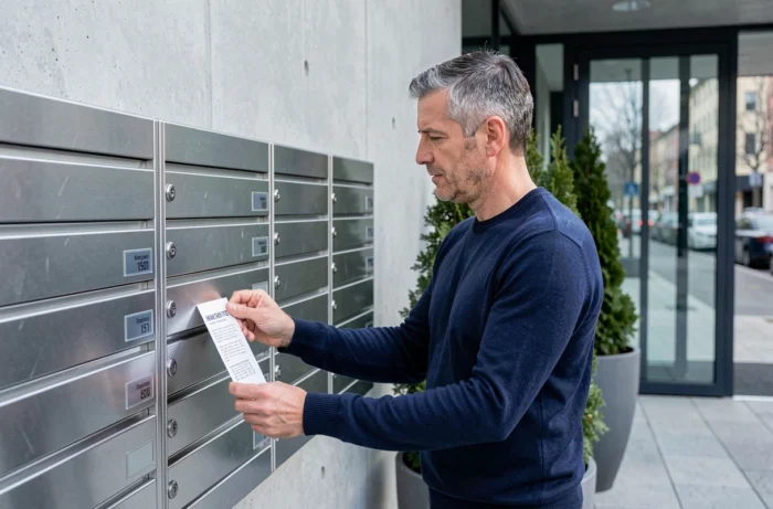 Homme posant une étiquette imprimée sur une boîte aux lettres métallique dans un immeuble moderne