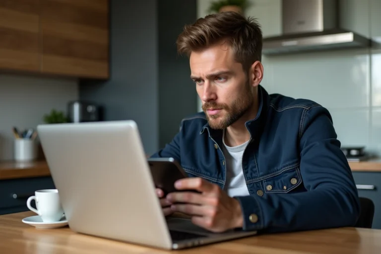 Homme concentré utilisant son smartphone pour une recherche auto