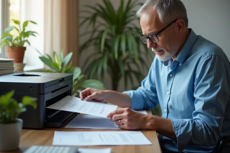 Homme d'âge moyen scannant un document dans son bureau