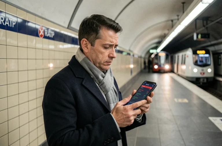 Un homme consulte l'info trafic RATP en temps réel sur son smartphone dans le métro parisien