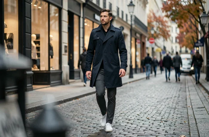 Homme stylé en trench coat navy marchant dans une rue pavée européenne en automne