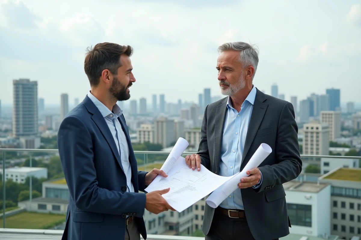 Deux hommes discutant plans architecturaux sur toit urbain