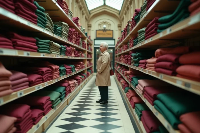 Intérieur du magasin Bouchara en liquidation avec rayons de tissus à moitié vides et cliente parisienne parcourant les dernières collections disponibles