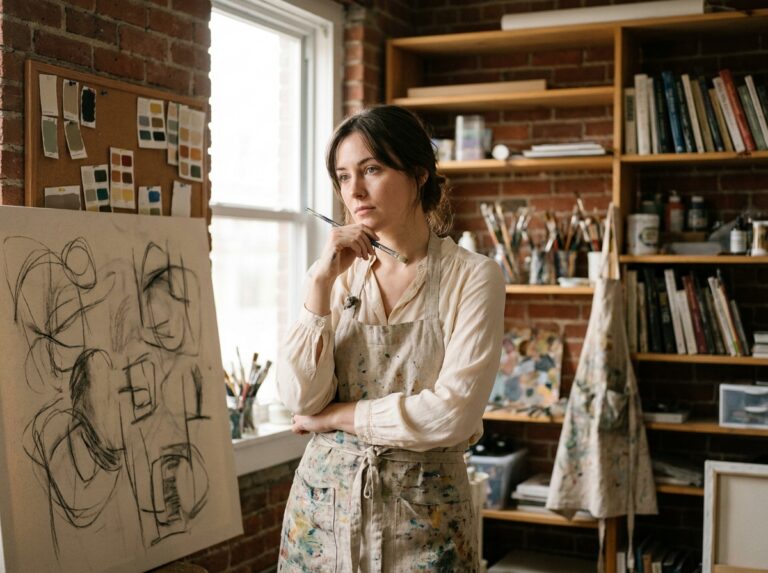 Jeune femme artiste pensive devant un tableau de recherches créatives dans un atelier d'art