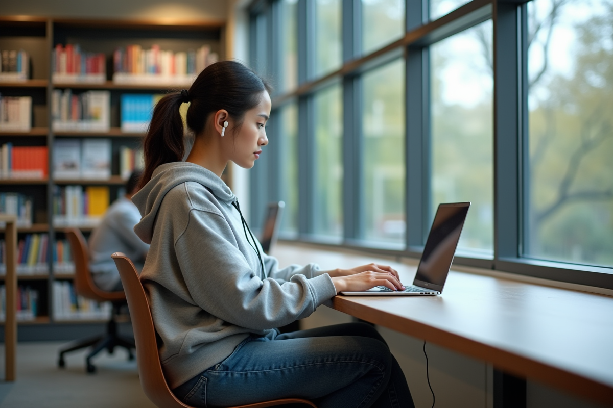 Jeune femme étudiante travaillant à la bibliothèque numérique