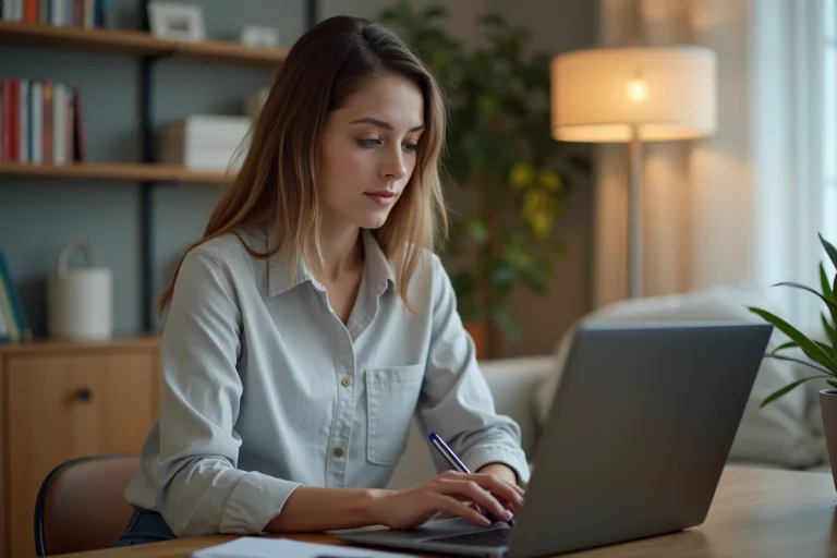 Jeune femme concentrée travaillant sur son ordinateur dans un bureau moderne