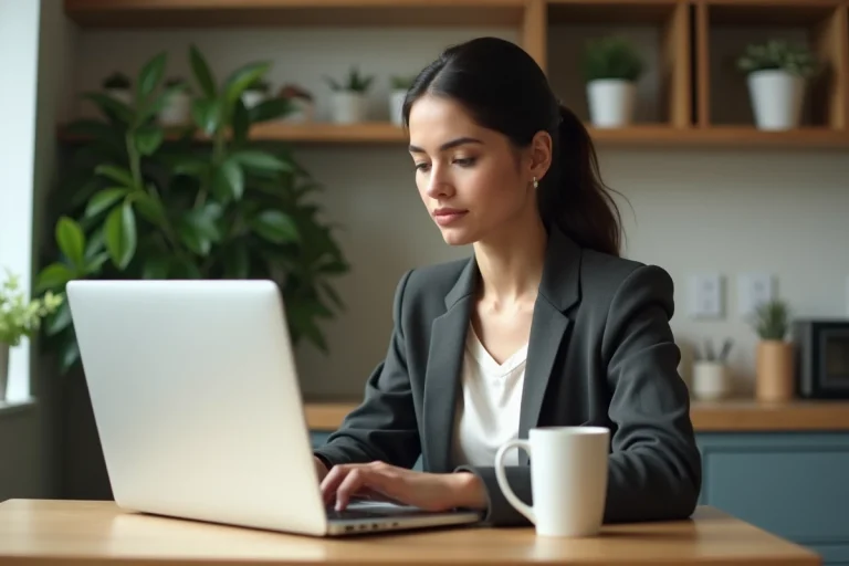 Jeune femme professionnelle travaillant sur son ordinateur dans une cuisine moderne