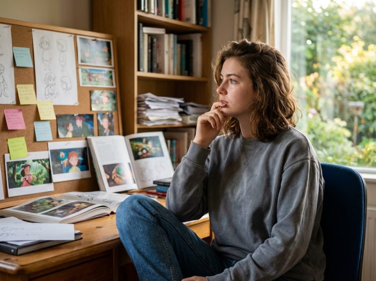 Jeune femme pensif dans un bureau artistique à la maison