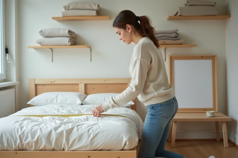 Jeune femme mesure un lit en bois dans un studio moderne