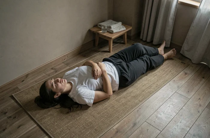 Jeune femme allongée lors d'une séance de sophrologie, expression ambiguë illustrant les effets indésirables et risques psychologiques possibles