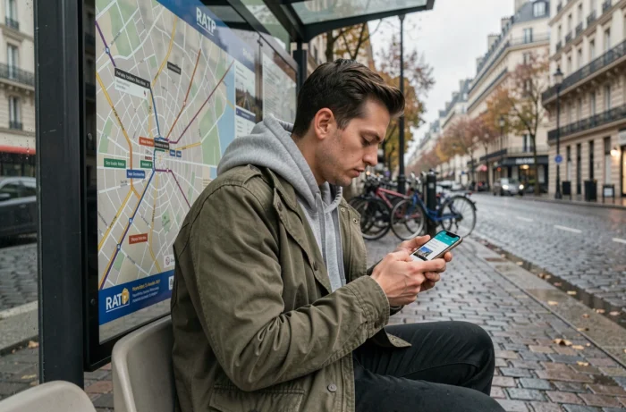 Un jeune homme vérifie les horaires de bus RATP en temps réel sur son téléphone à un arrêt de bus parisien