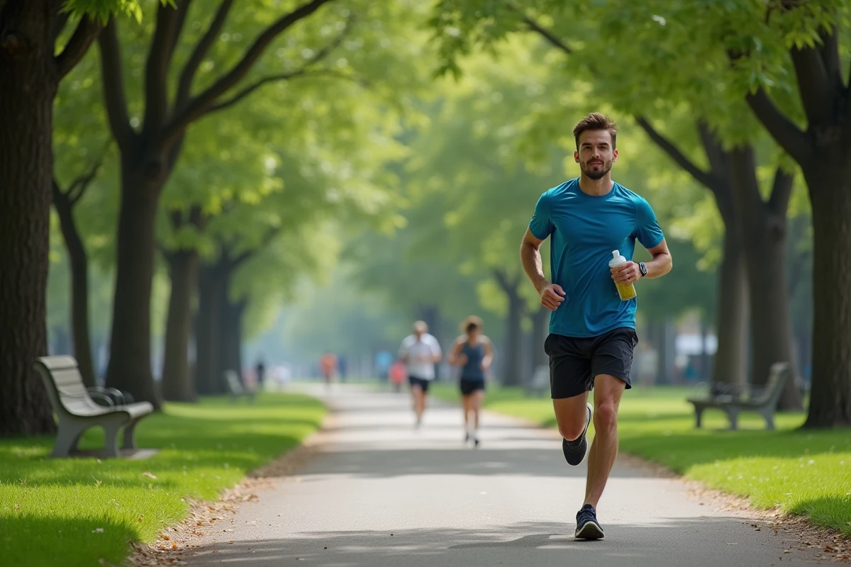Jeune homme courant dans un parc urbain verdoyant